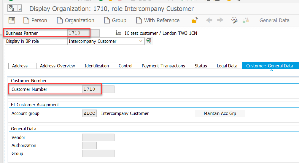 Figure 13: Example of a successfully created Business Partner for I/C Customer (1710) with the same number range